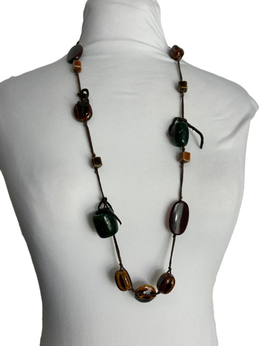 Signed Cg Rustic Bohemian Acrylic Beaded Necklace Brown Cord Tribal Statement